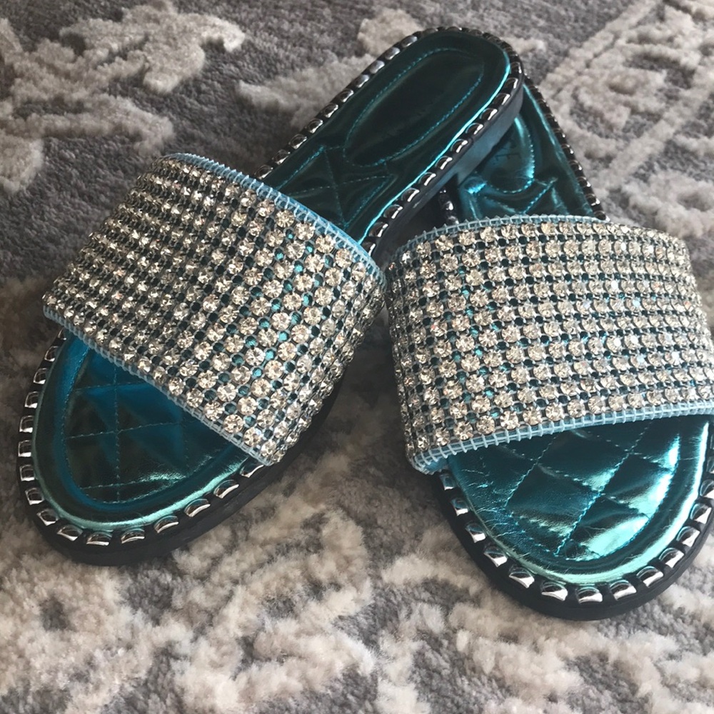 Teal Crystal Embellished Slide Sandals - Women